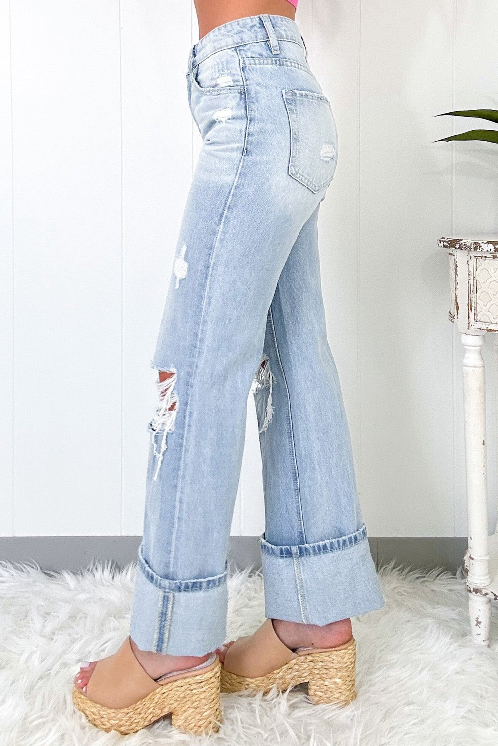 Beau Blue Light Wash Distressed Straight Jeans - Essential Retail Store