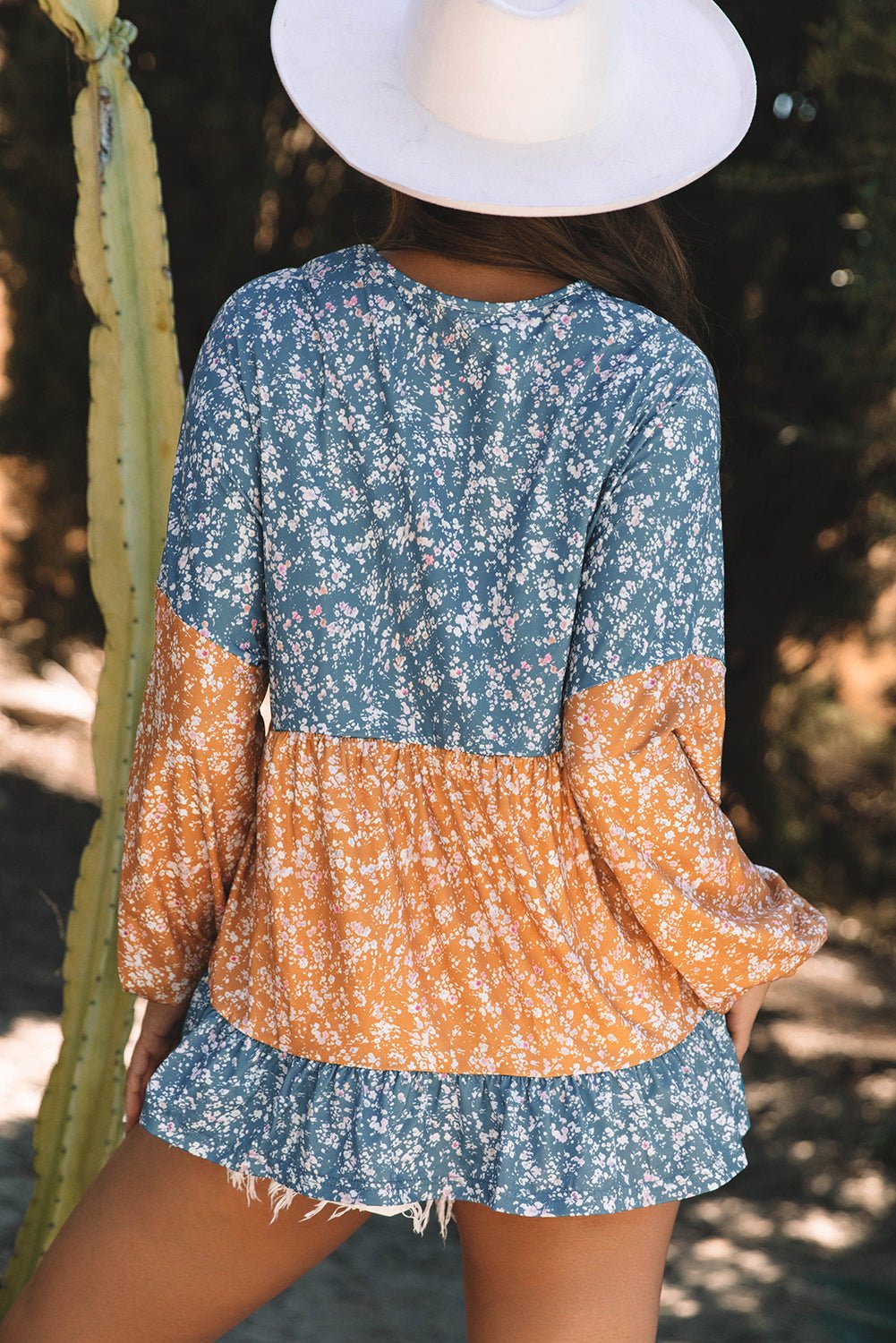 Orange Floral Color Block Patchwork Ruffled Hem Round Neck Blouse - Essential Retail Store