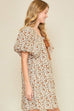 Umgee Full Size Lace Tape Drawstring Floral Puff Sleeve Mini Dress