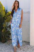 Myosotis Floral Print Half Button Wide Leg Relaxed Sleeveless Jumpsuit - Essential Retail Store