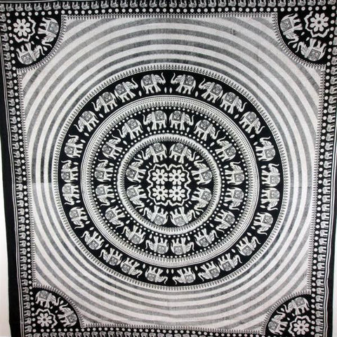 Black & White Elephant Mandala With Self Design Tapestry