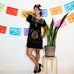 Black Mexican Dress with Multicolored Flowers.