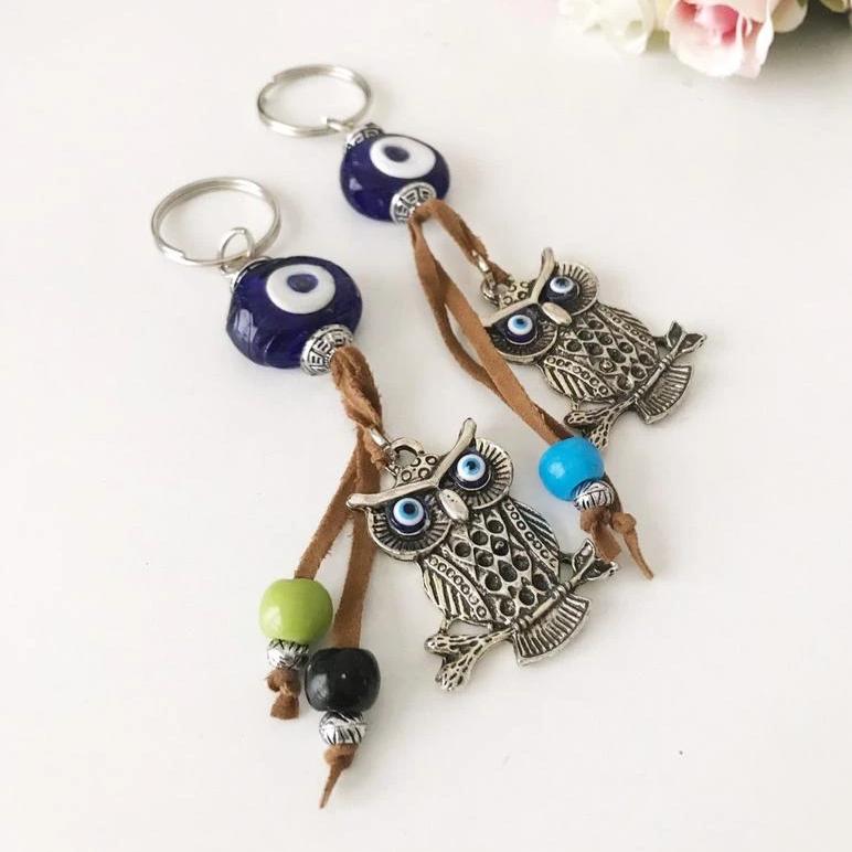 Blue evil eye good luck keychain, elephant, owl keyring