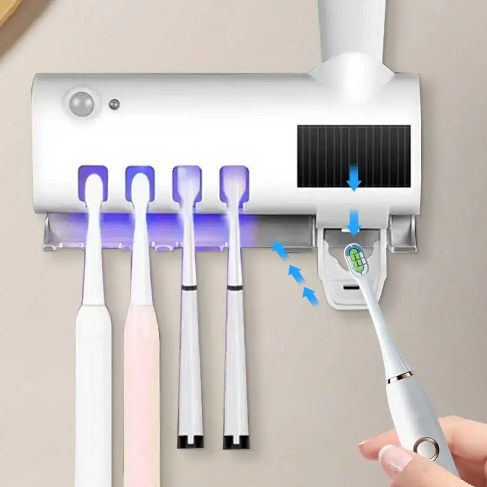 Wall Mounted Toothbrush Holders 4 Toothbrush Slots UV Light Toothbrush Holder Toothpaste Squeezer Dispenser Automatic Toothpaste