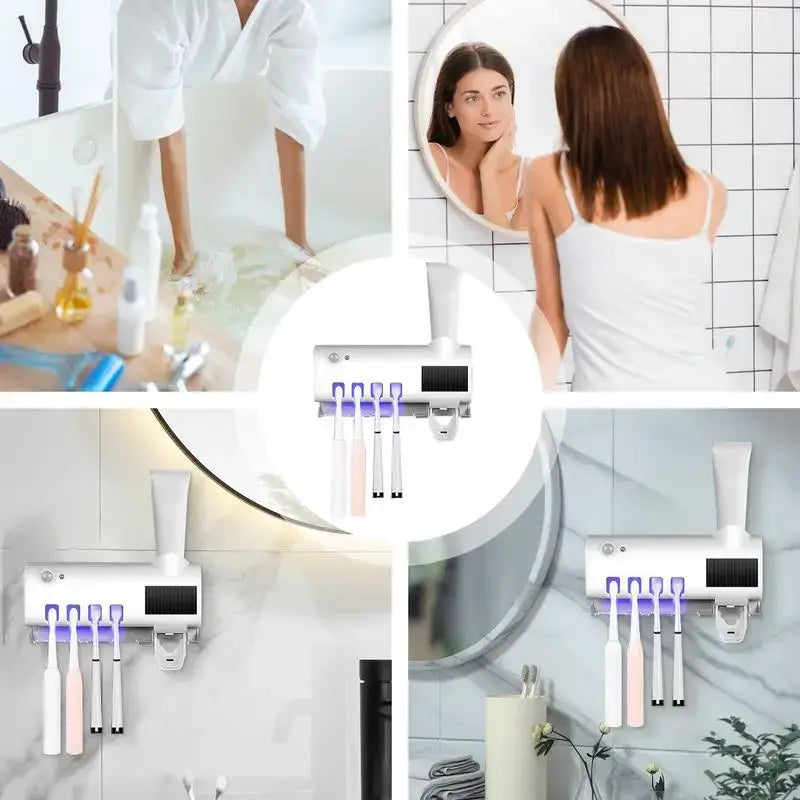 Wall Mounted Toothbrush Holders 4 Toothbrush Slots UV Light Toothbrush Holder Toothpaste Squeezer Dispenser Automatic Toothpaste