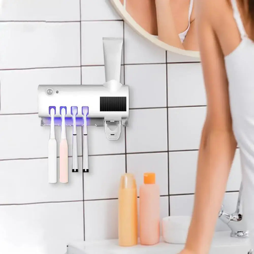 Wall Mounted Toothbrush Holders 4 Toothbrush Slots UV Light Toothbrush Holder Toothpaste Squeezer Dispenser Automatic Toothpaste
