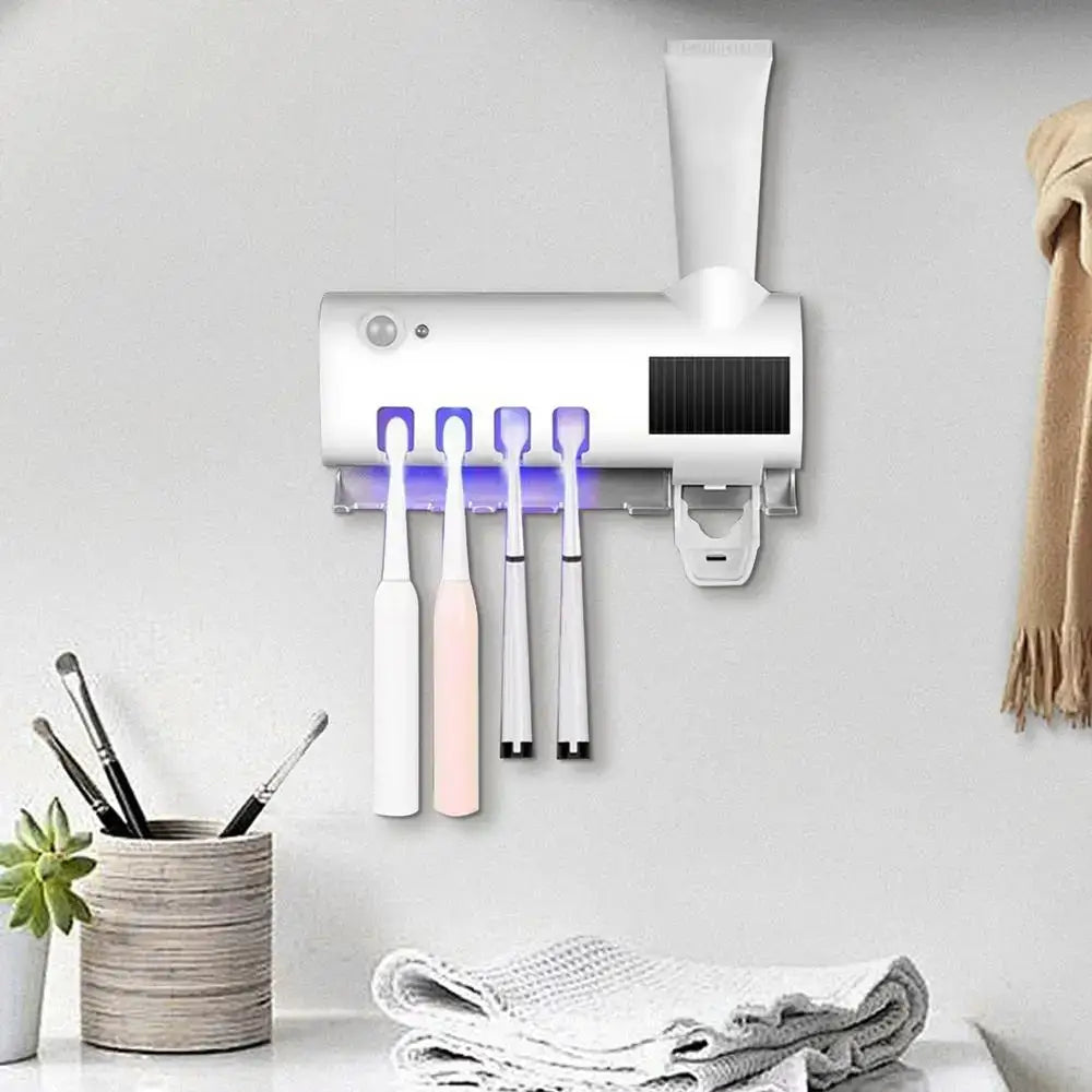 Wall Mounted Toothbrush Holders 4 Toothbrush Slots UV Light Toothbrush Holder Toothpaste Squeezer Dispenser Automatic Toothpaste