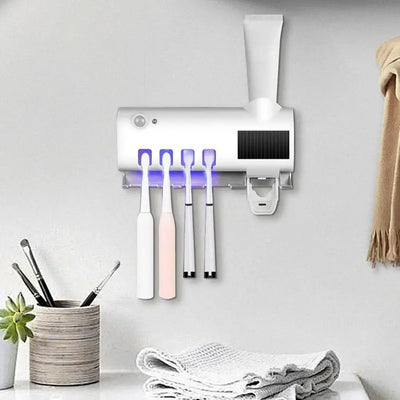 Wall Mounted Toothbrush Holders 4 Toothbrush Slots UV Light Toothbrush Holder Toothpaste Squeezer Dispenser Automatic Toothpaste