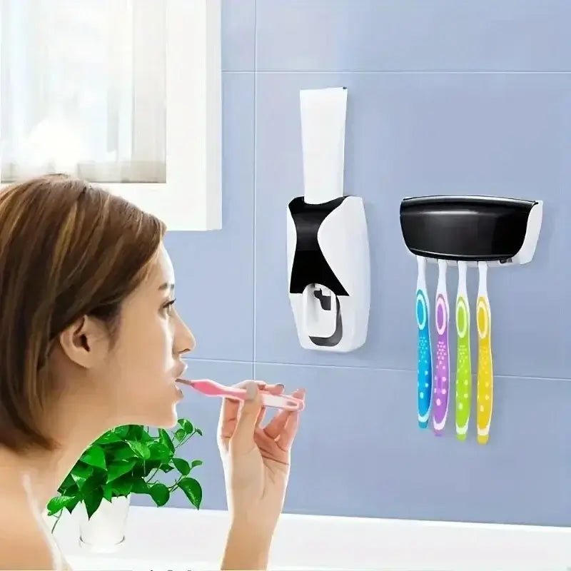 Automatic Toothpaste Dispenser & Dustproof Toothbrush Holder Set – Wall-Mounted Bathroom Accessories