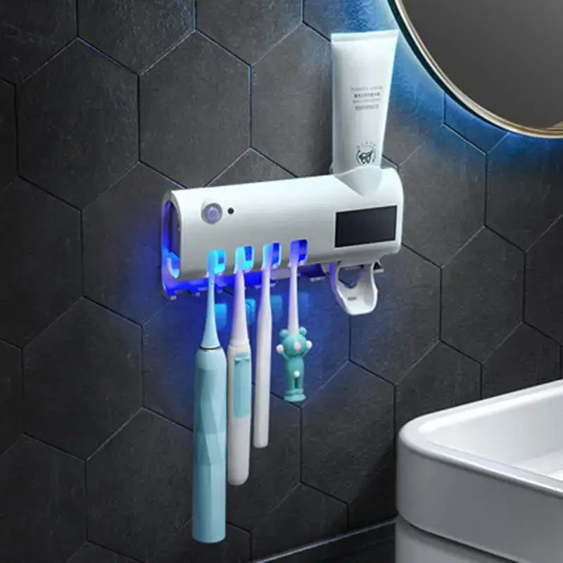 Wall Mounted Toothbrush Holders 4 Toothbrush Slots UV Light Toothbrush Holder Toothpaste Squeezer Dispenser Automatic Toothpaste