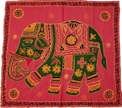 Unique Aari Work Design Embroidered Red Cotton Fabric Square Elephant