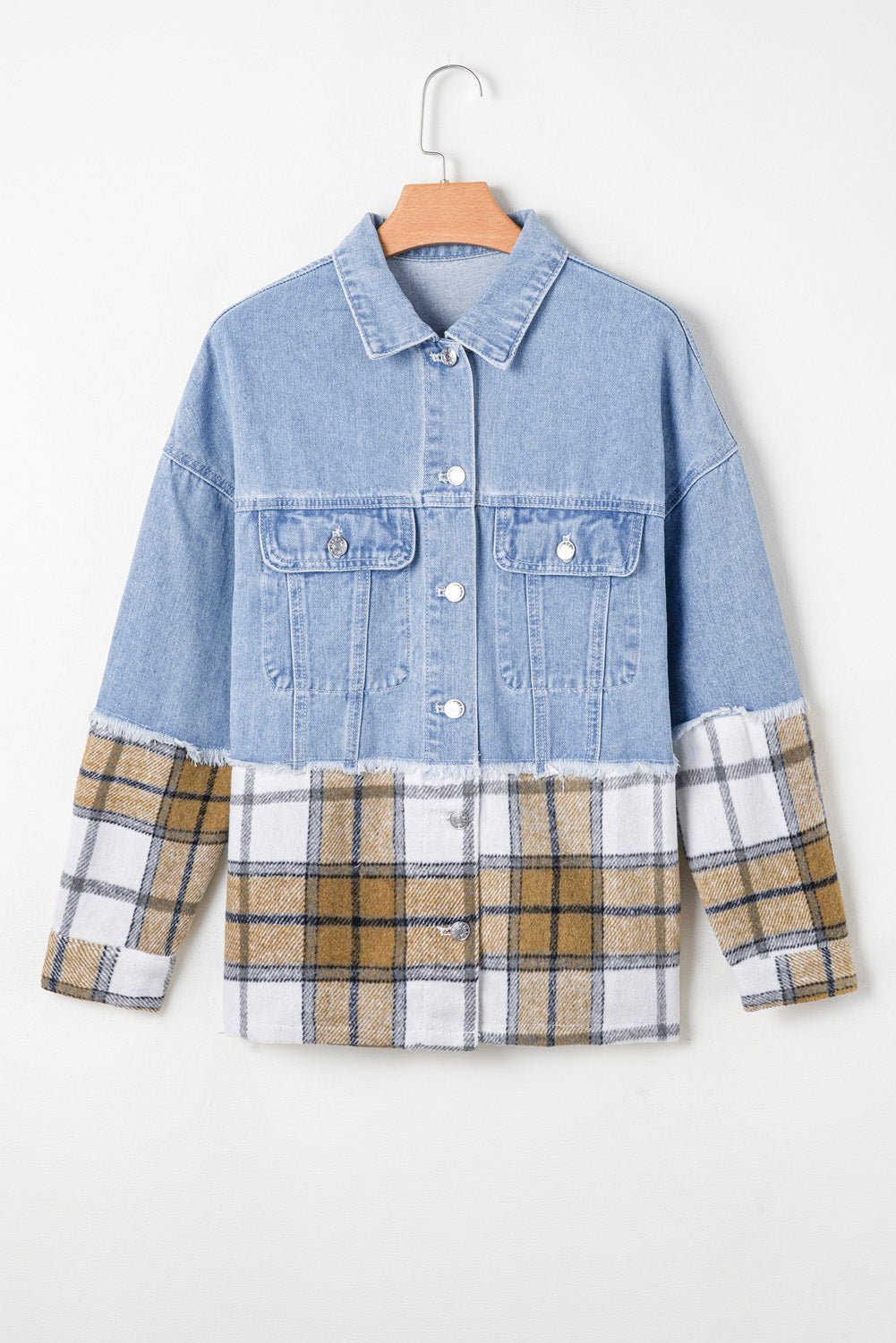 Khaki Plaid Patchwork Buttoned Oversized Denim Jacket - Essential Retail Store