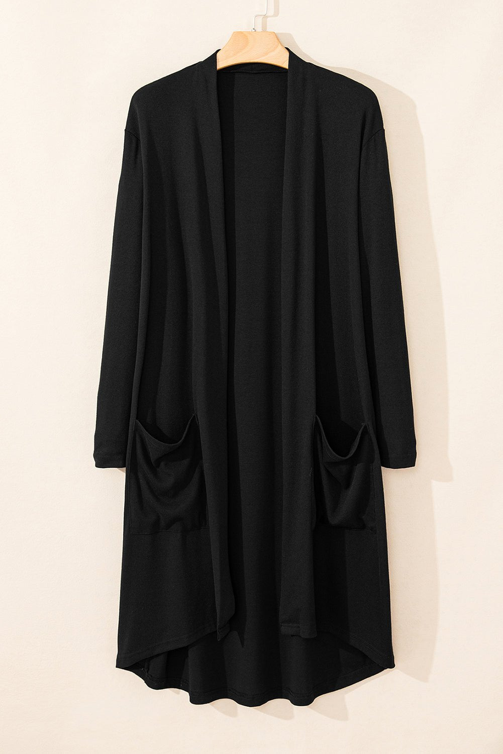 Black Solid Color Open Front Cardigan with Pocket - Essential Retail Store