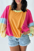 Rose Red Plus Size Colorblock Patchwork Exposed Seam Sweatshirt - Essential Retail Store
