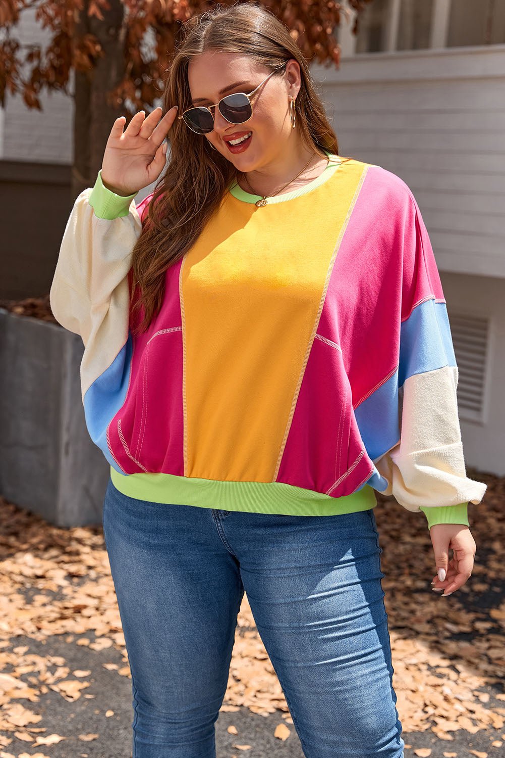 Rose Red Plus Size Colorblock Patchwork Exposed Seam Sweatshirt - Essential Retail Store