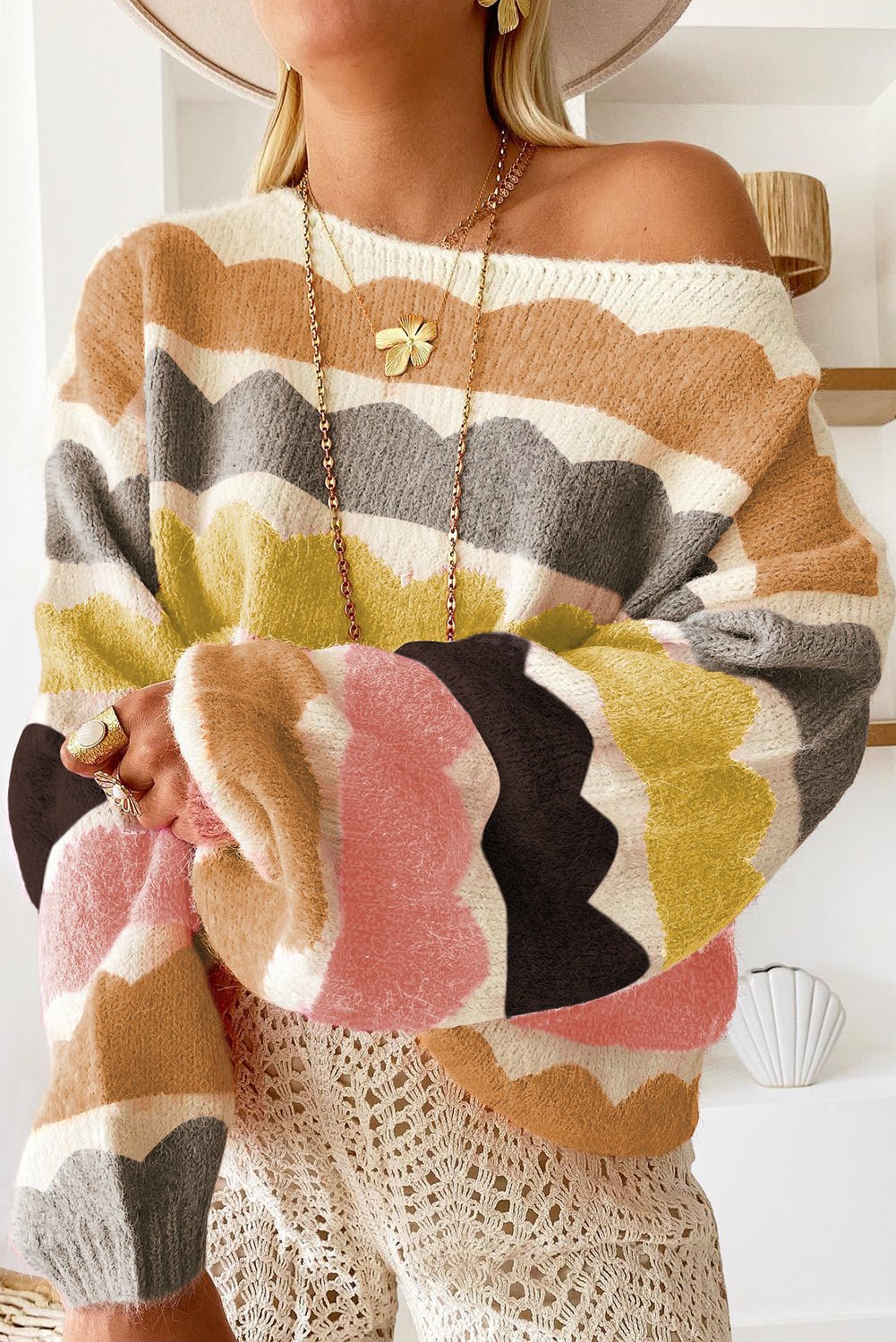 Rose Red Wave Striped Balloon Sleeve Drop Shoulder Sweater - Essential Retail Store