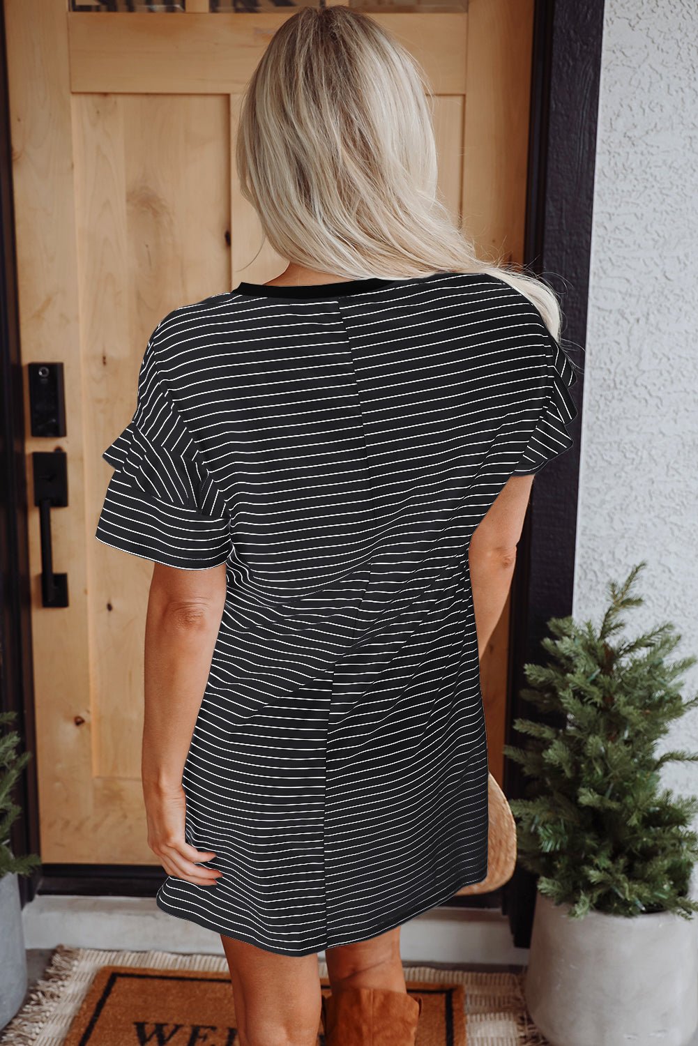 White Stripe Ruffled Short Sleeve Crew Neck T Shirt Shift Mini Dress - Essential Retail Store