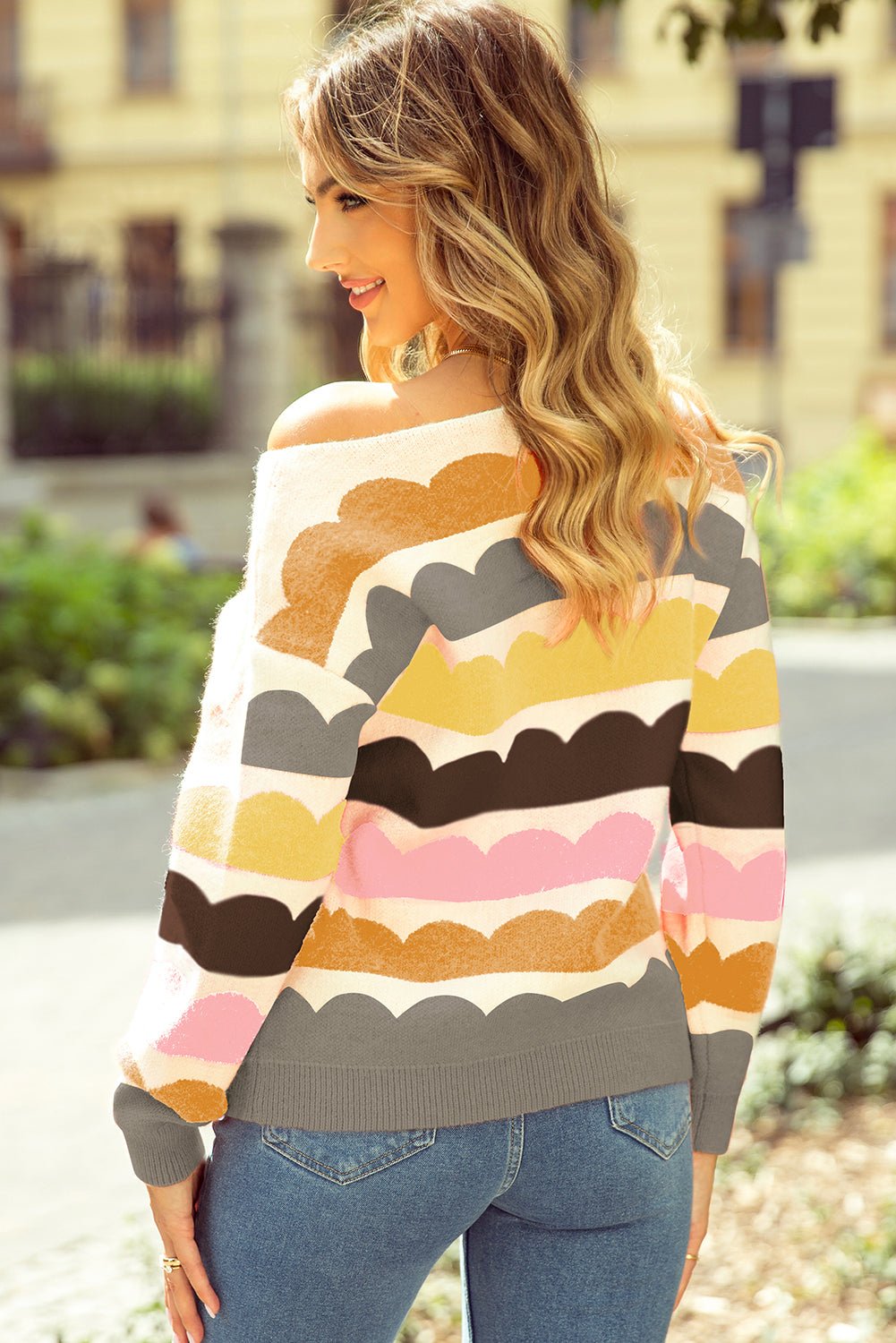 Rose Red Wave Striped Balloon Sleeve Drop Shoulder Sweater - Essential Retail Store