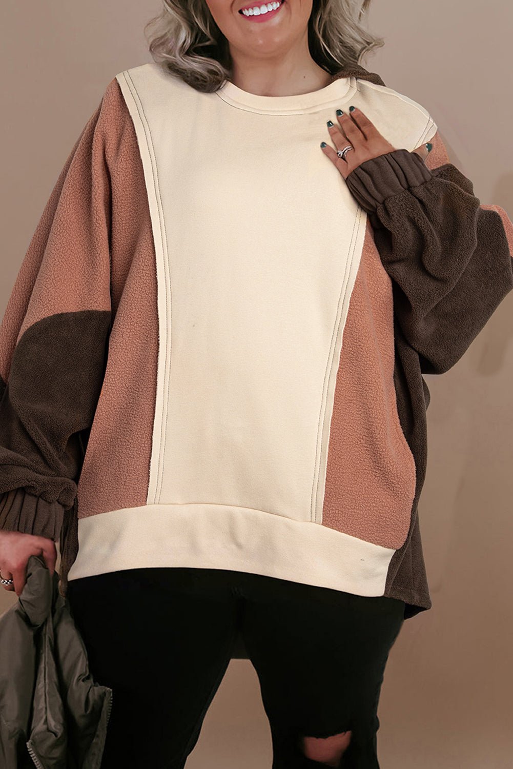 Brown Exposed Seam Colorblock Plus Size Hoodie - Essential Retail Store