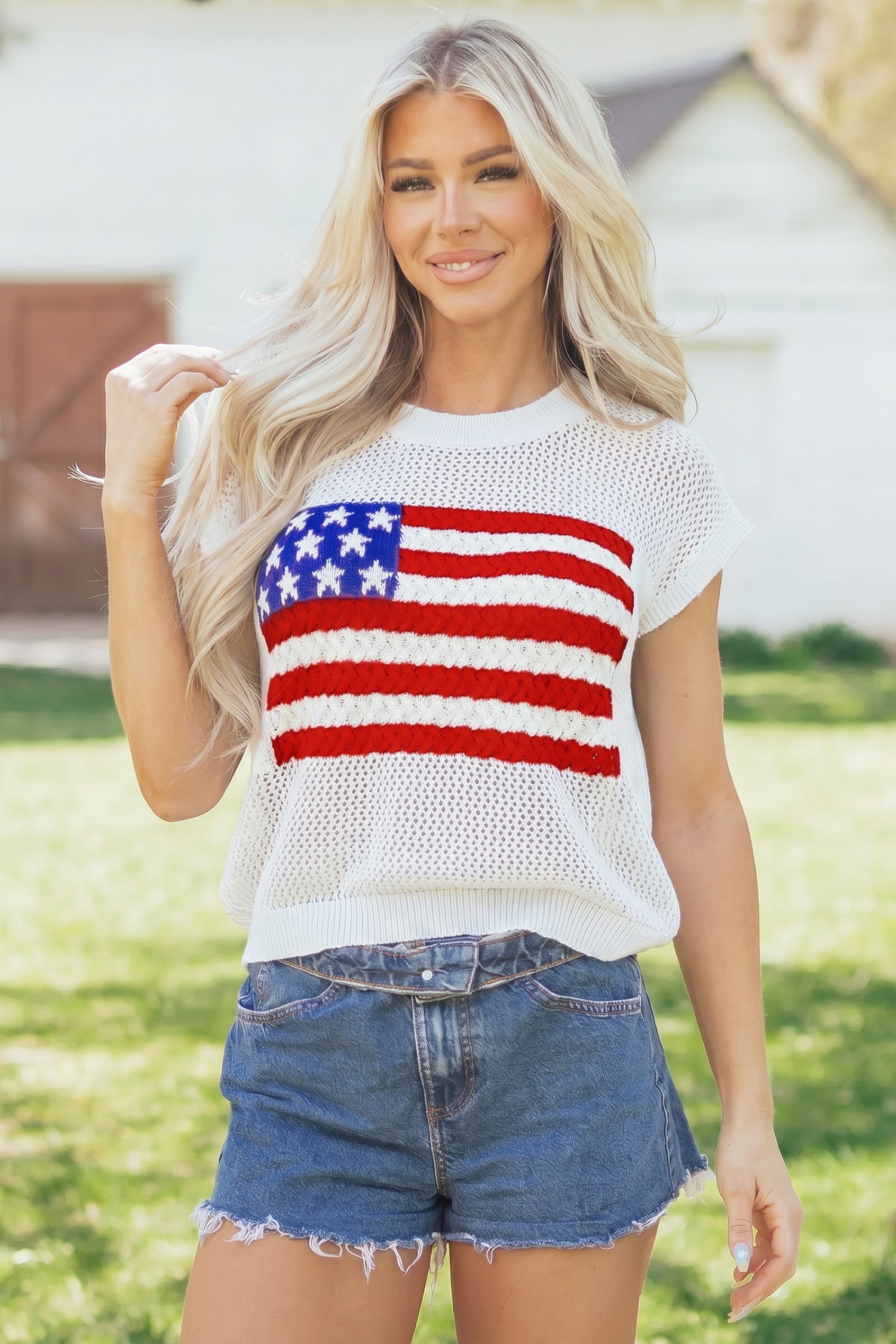 Sky Blue Flag Graphic Short Sleeve Sweater Top - Essential Retail Store