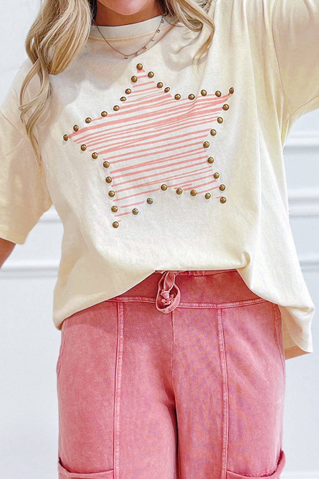 Beige Star Print Stud Detail Cotton Jersey Top - Essential Retail Store