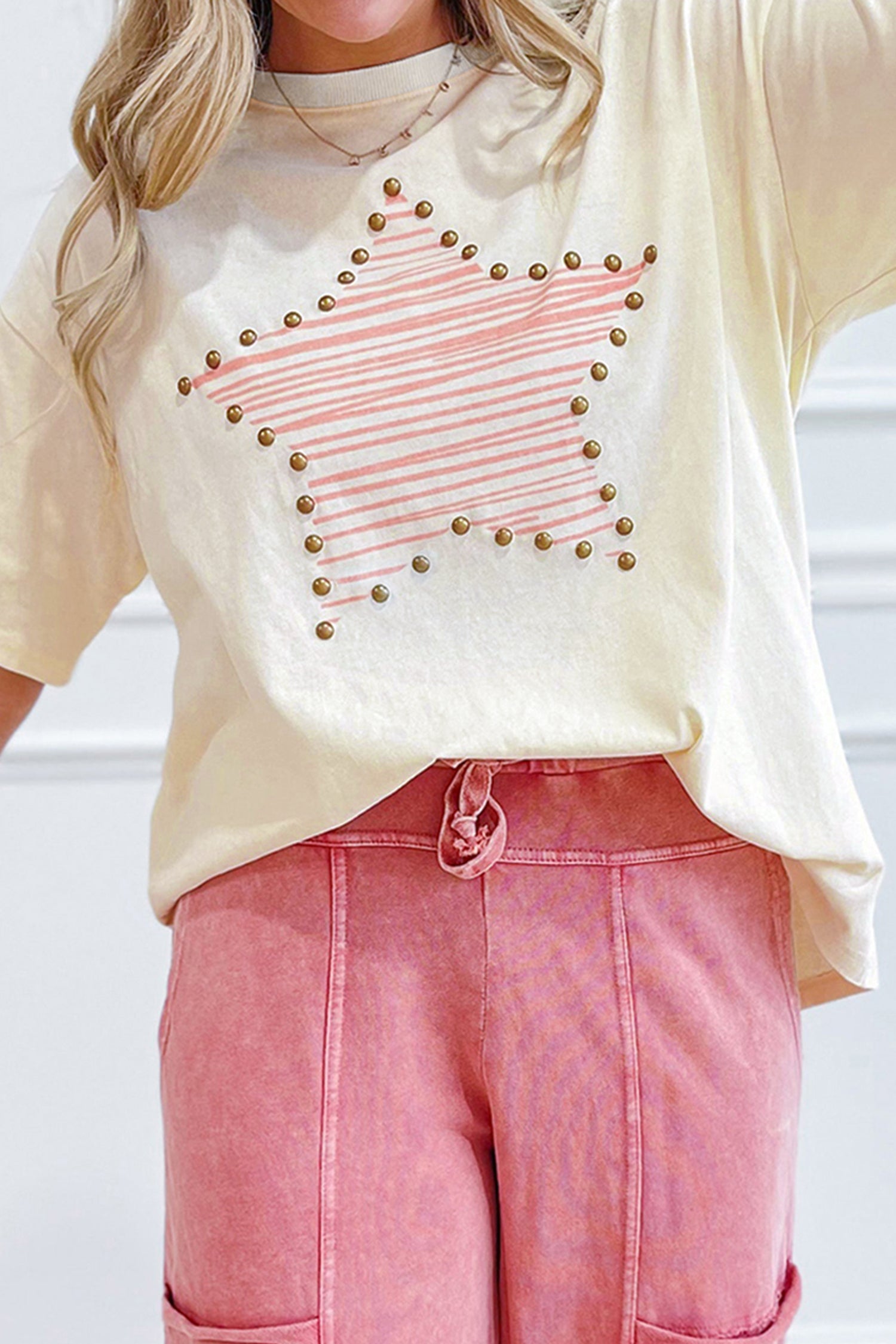 Beige Star Print Stud Detail Cotton Jersey Top - Essential Retail Store