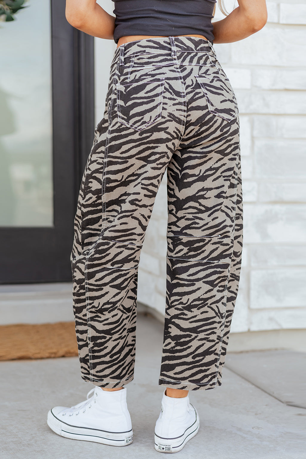 Gray Zebra Stripe Printed Wide Leg Barrel Jeans - Essential Retail Store