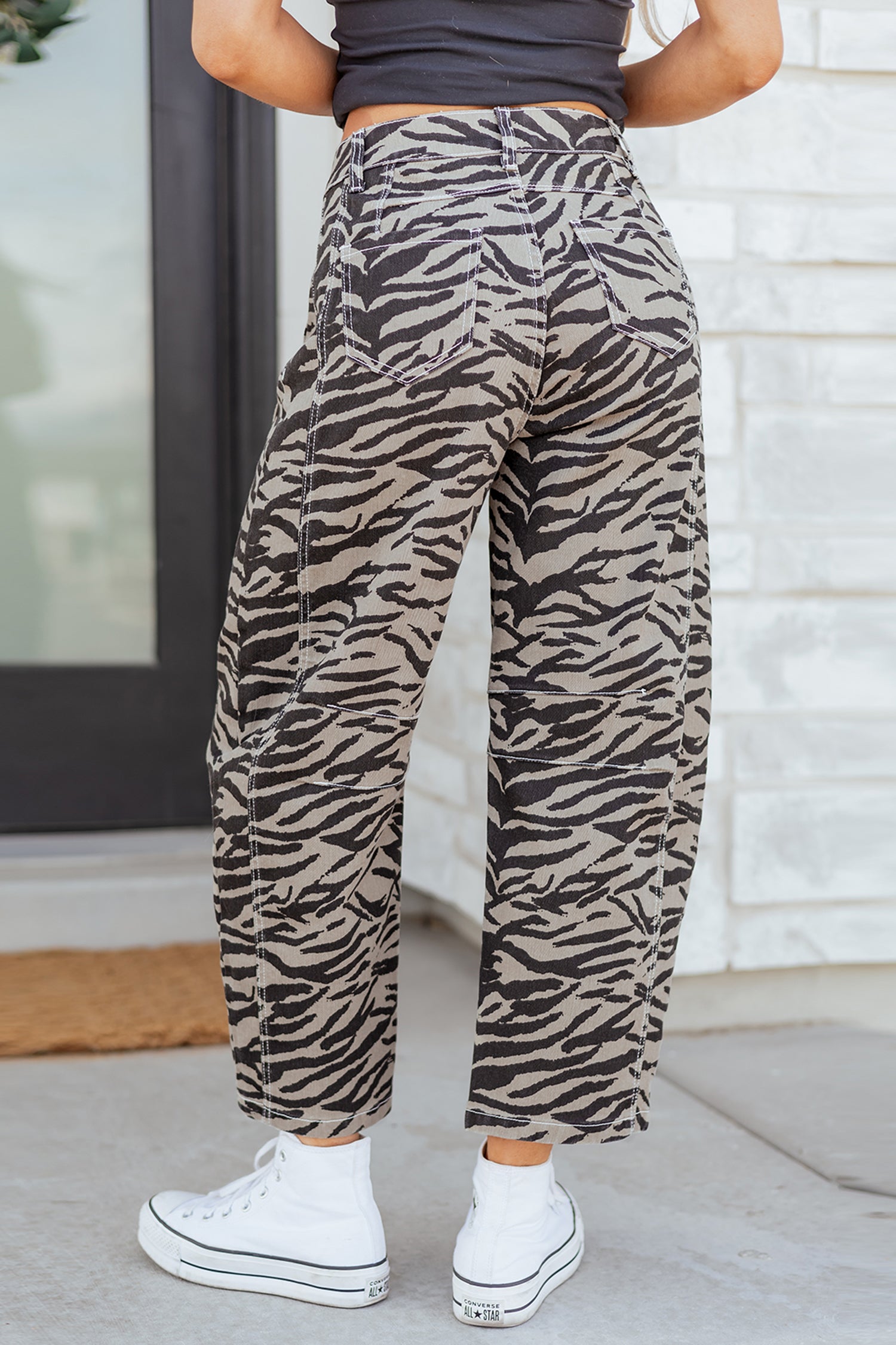 Gray Zebra Stripe Printed Wide Leg Barrel Jeans - Essential Retail Store