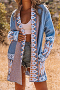 Brauner Strickcardigan mit offenem Schnitt und Aztek-Print