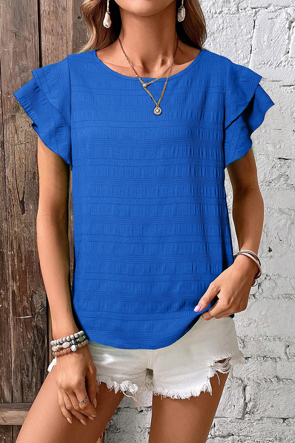 Dark Green Textured Ruffled Sleeve Round Neck Top - Essential Retail Store