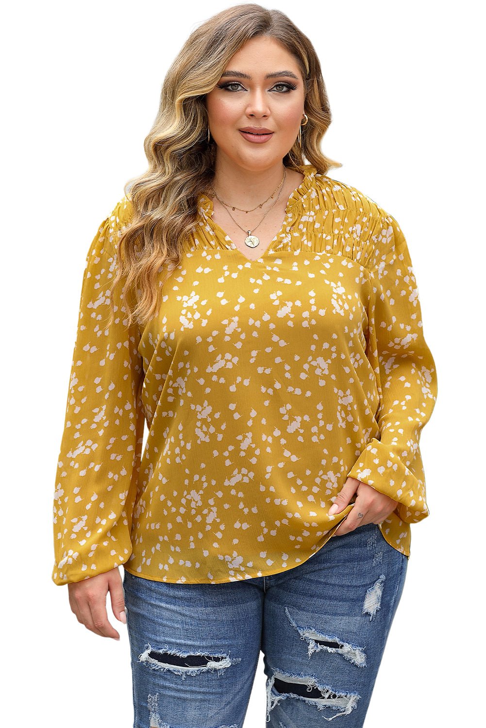 Yellow Plus Size Floral Print Ruched Split Neck Blouse - Essential Retail Store