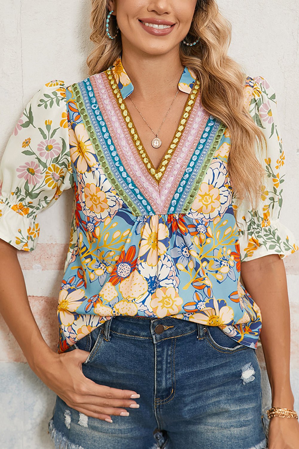 Multicolour Crochet V Neck Half Sleeve Boho Floral Blouse - Essential Retail Store