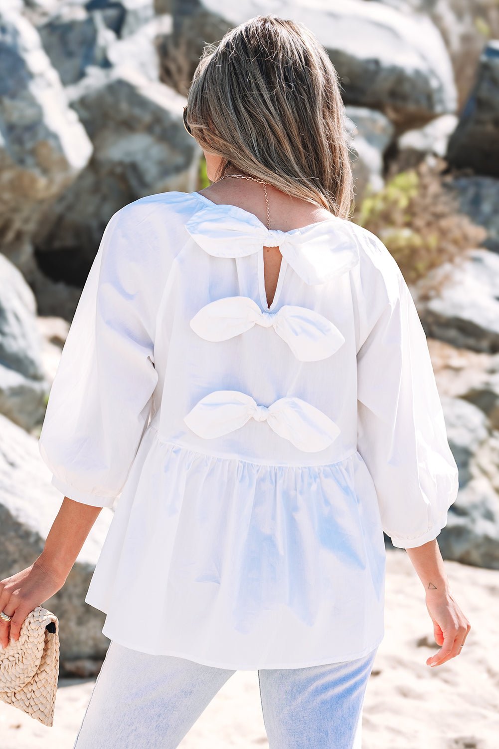 White Bow Knot Cutout Back Loose Fit 3/4 Sleeve Blouse - Essential Retail Store