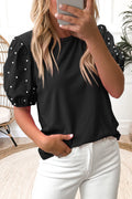 Bright Green Ribbed Pearl Beaded Puff Sleeve Top - Essential Retail Store