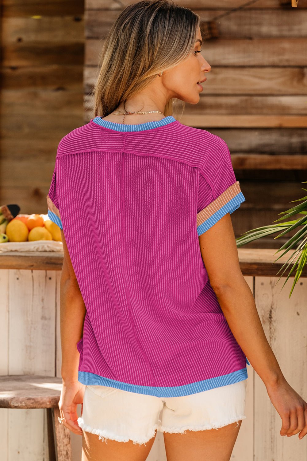 Bright Pink Textured Contrast Trim Round Neck T Shirt - Essential Retail Store