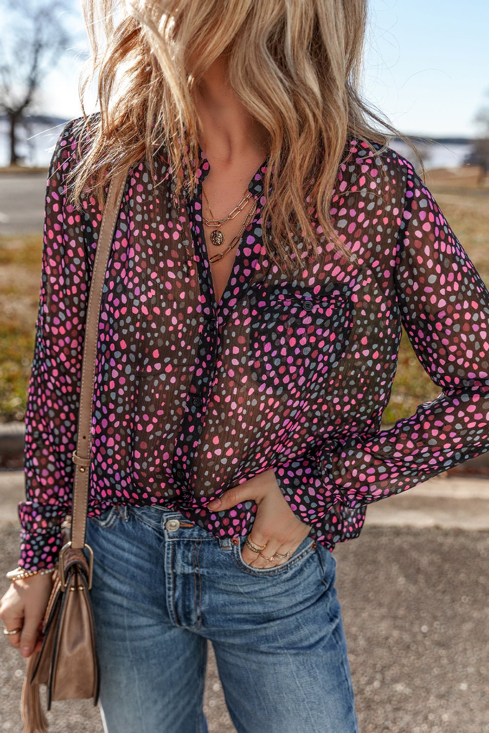 Grape Wine Polka Dot Printed Buttoned Casual Shirt - Essential Retail Store