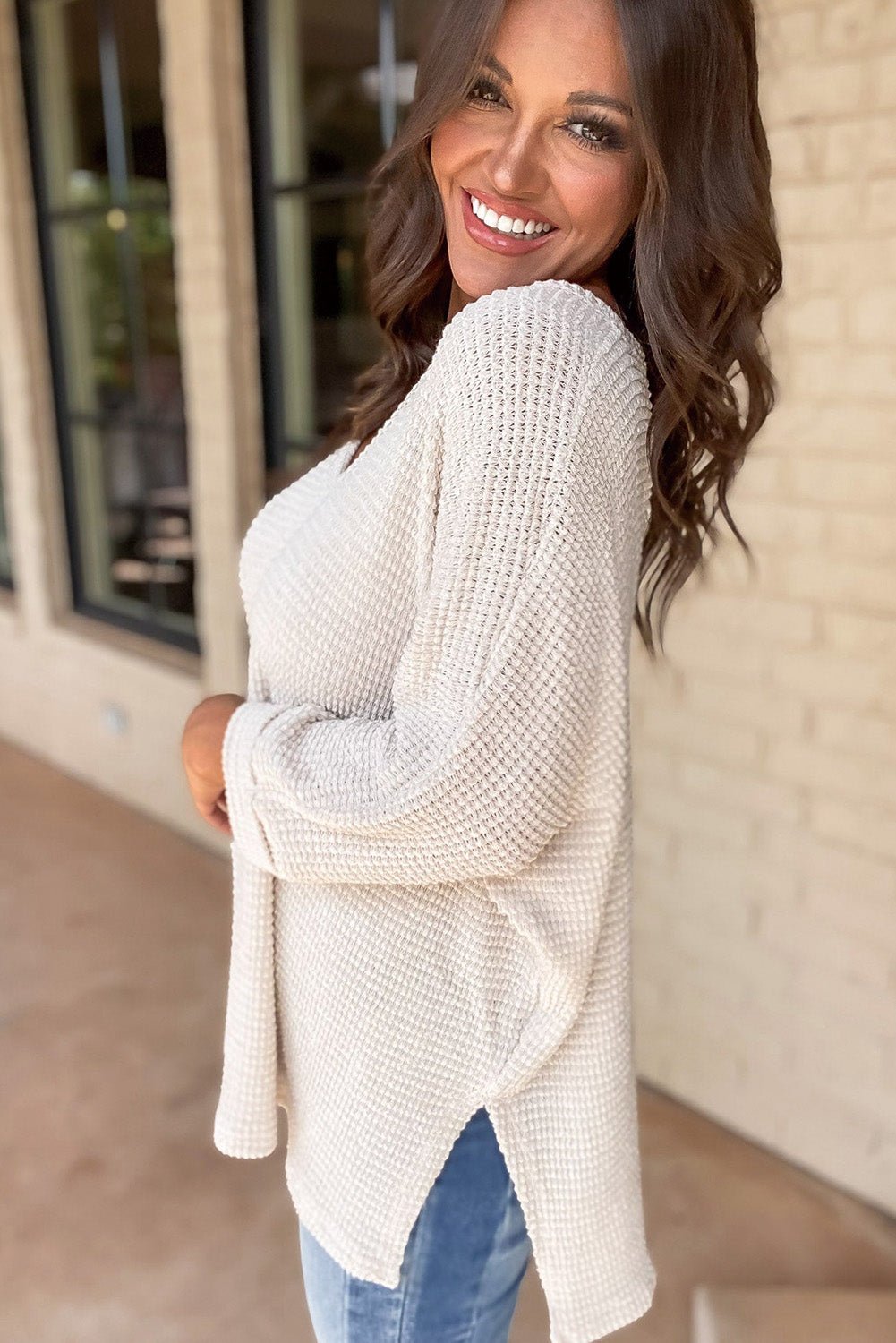 White Waffle Knit Side Slits Loose Fit V Neck Top - Essential Retail Store
