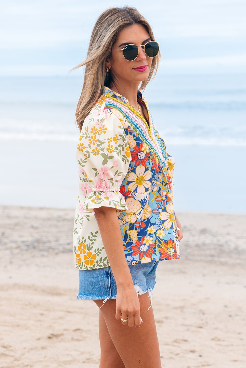 Multicolour Crochet V Neck Half Sleeve Boho Floral Blouse - Essential Retail Store