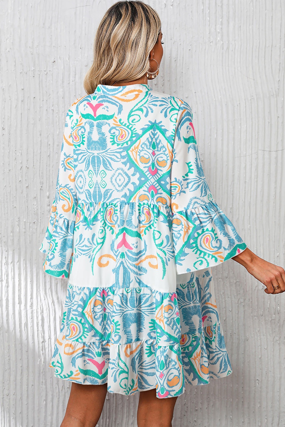 Sky Blue Tribal Bracelet Sleeve Buttoned Mini Dress