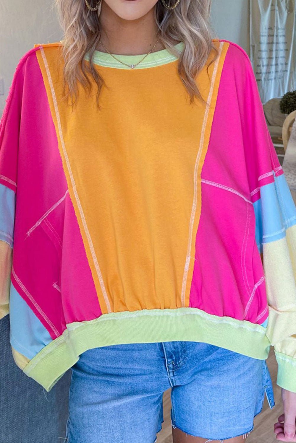 Rose Red Plus Size Colorblock Patchwork Exposed Seam Sweatshirt - Essential Retail Store