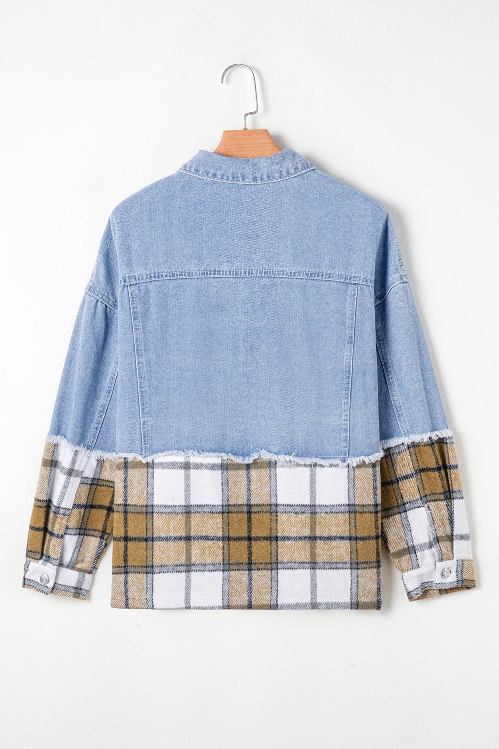 Khaki Plaid Patchwork Buttoned Oversized Denim Jacket - Essential Retail Store