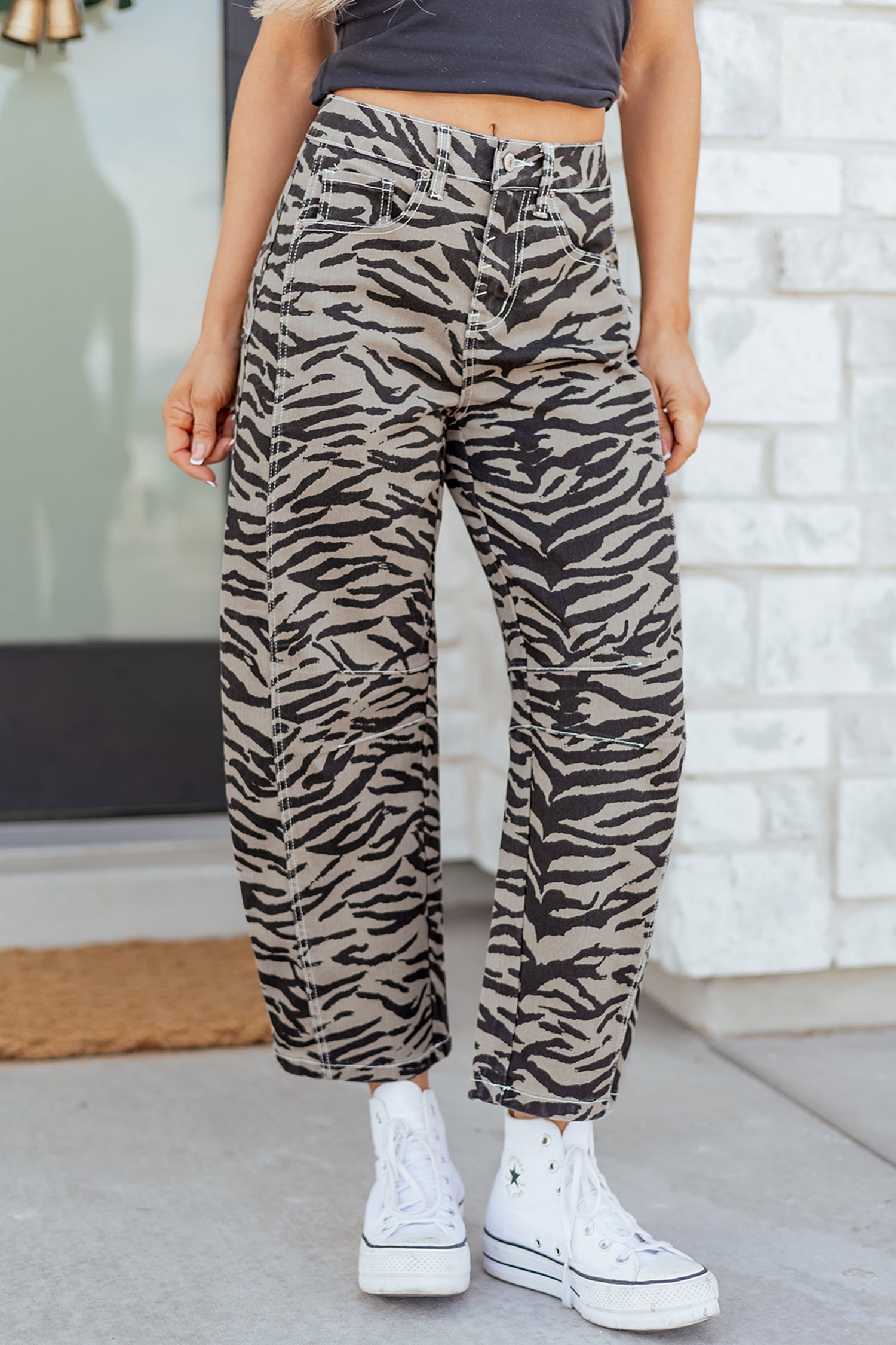 Gray Zebra Stripe Printed Wide Leg Barrel Jeans - Essential Retail Store