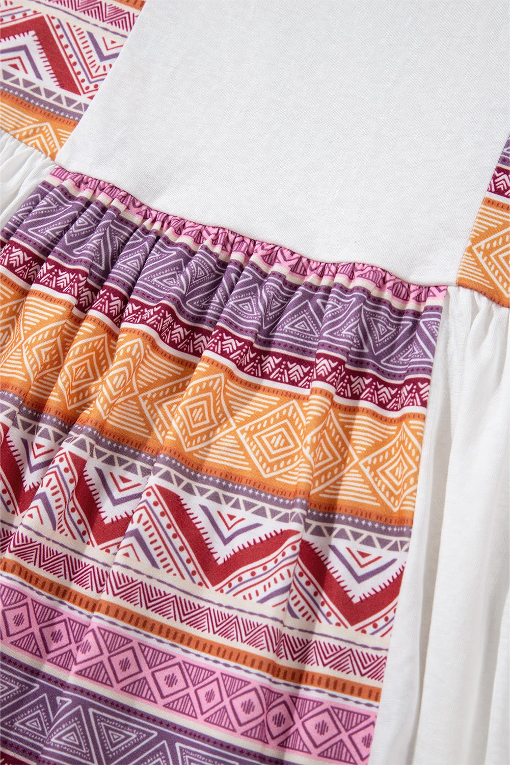 White Western Aztec Print Patchwork Ruffled Tunic Long Sleeve Babydoll Top - Essential Retail Store
