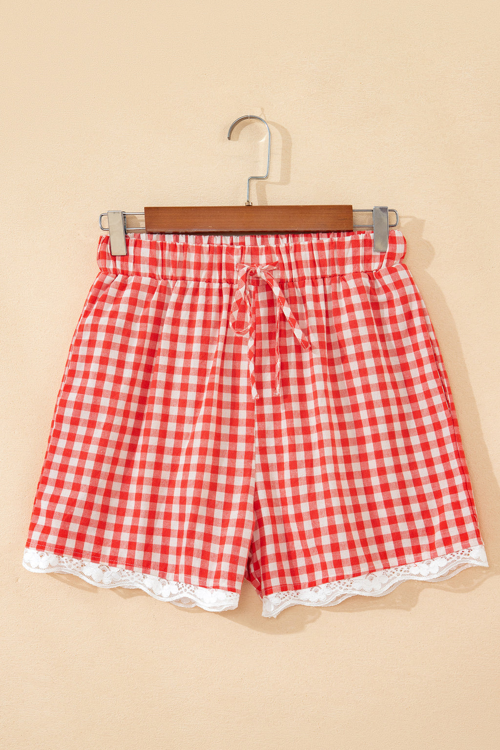 Red Gingham Plaid Tie Elastic Waist Lace Patchwork Hem Casual Shorts - Essential Retail Store