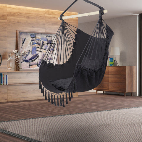 LuneluX – Boho Hanging Chair with Fringe & Cushions (Gray)