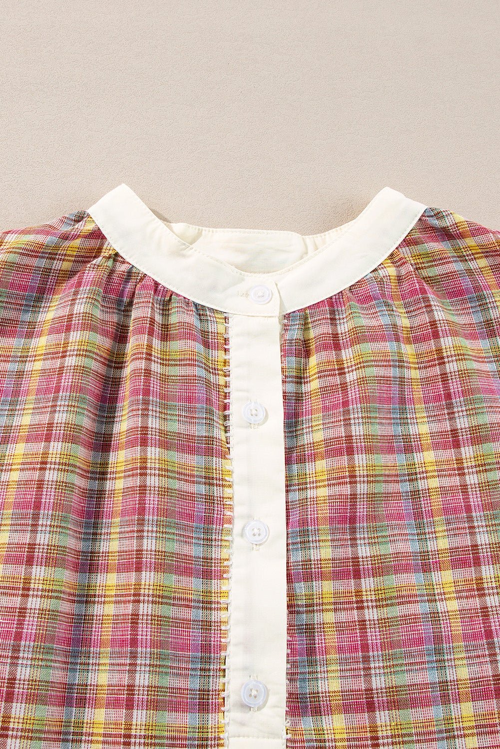 Pink Colorblock Plaid Patchwork Henley Blouse - Essential Retail Store