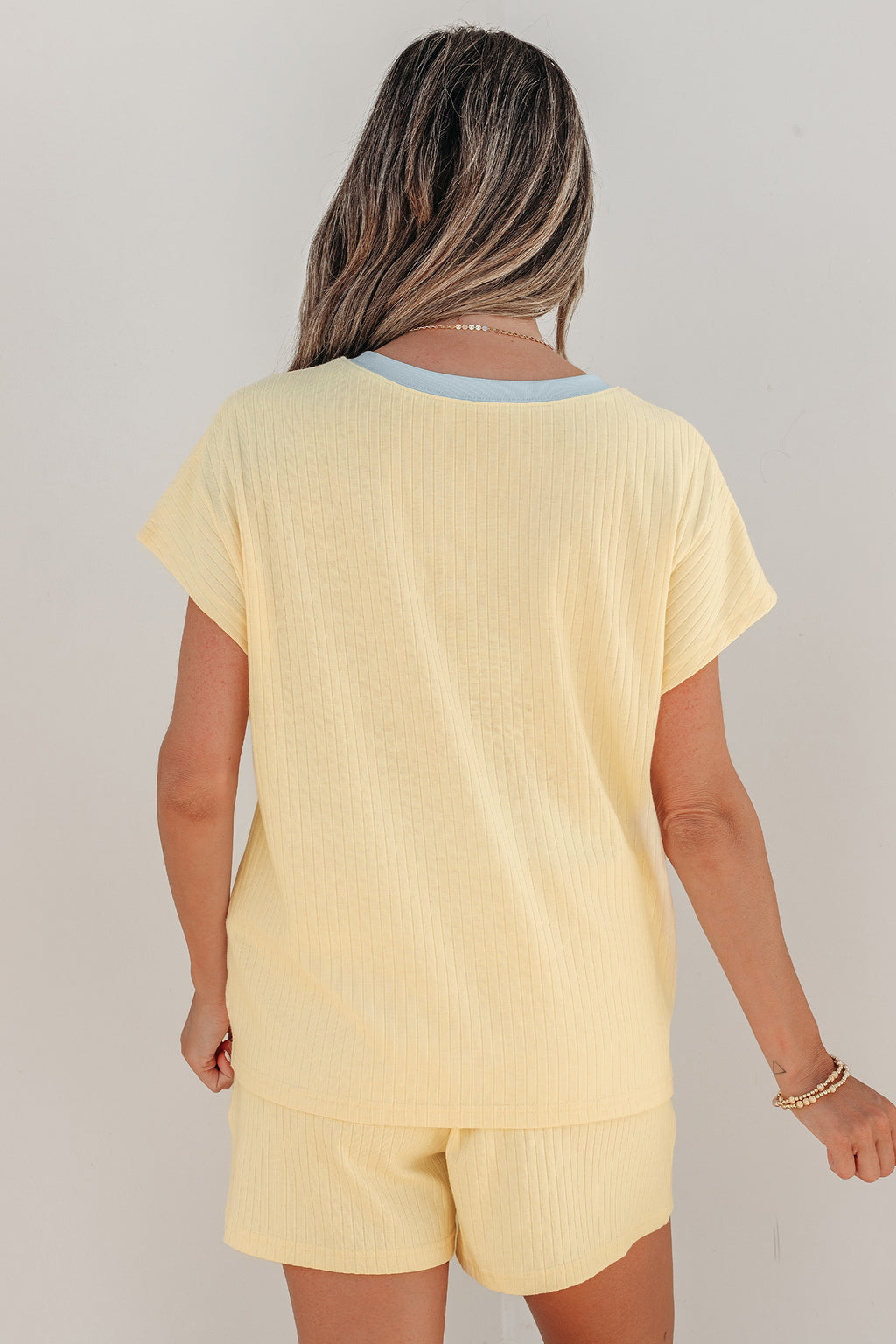 Yellow Cream Soft Ribbed Color Block Trim Casual Short Set - Essential Retail Store