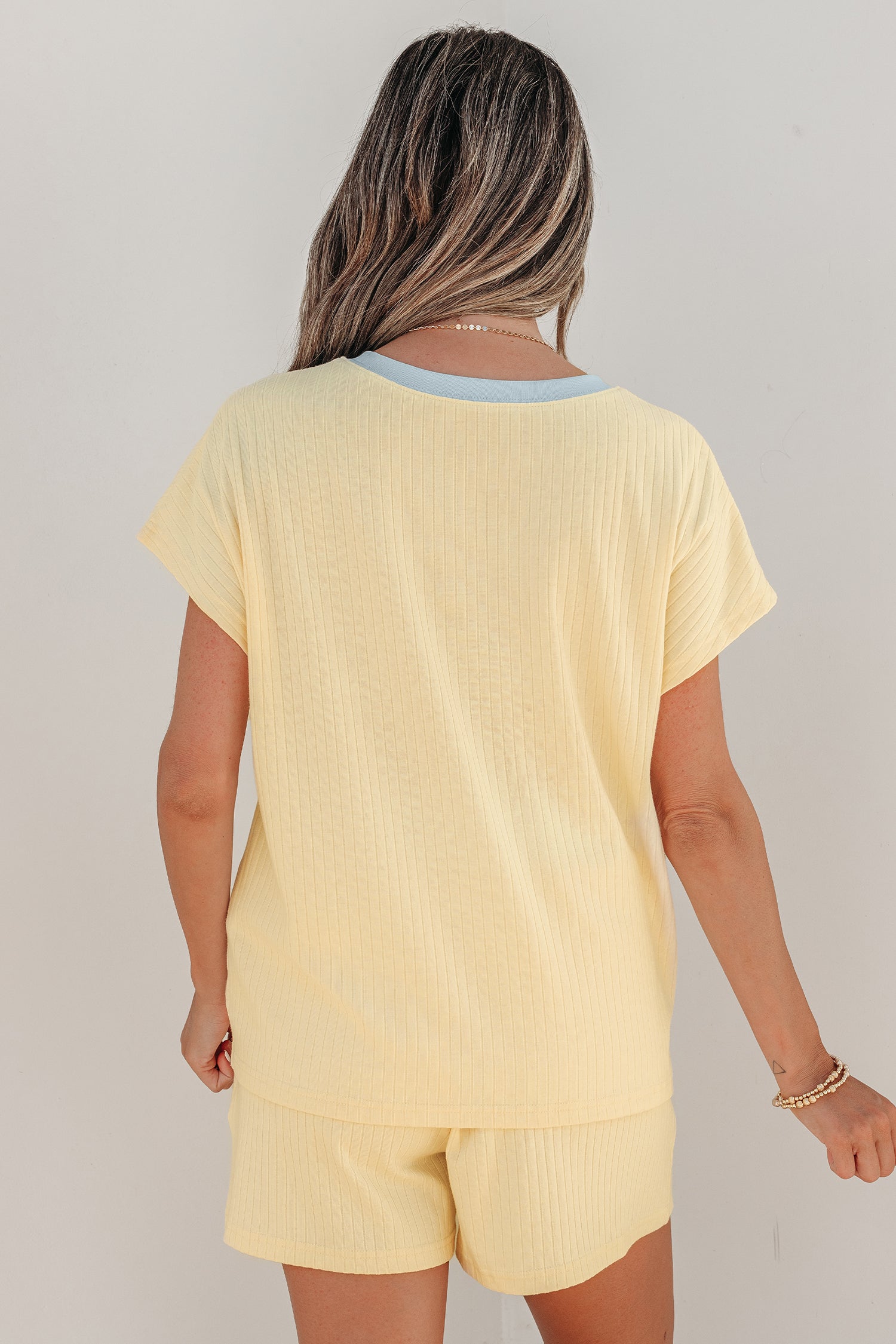 Yellow Cream Soft Ribbed Color Block Trim Casual Short Set - Essential Retail Store
