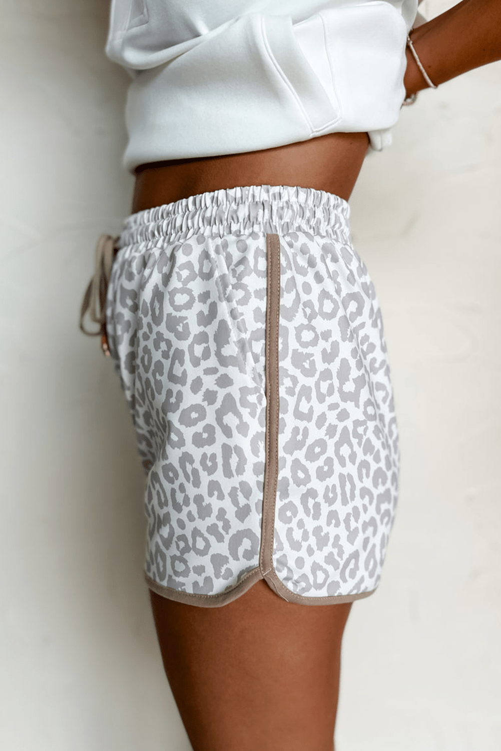 Pink Leopard Elastic Waistband Lace up Contrast Trim Casual Shorts - Essential Retail Store