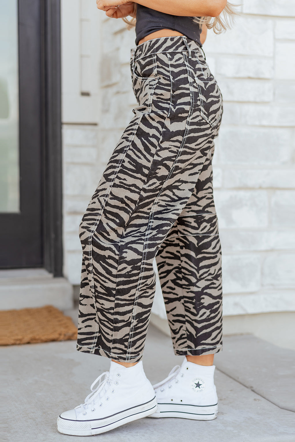 Gray Zebra Stripe Printed Wide Leg Barrel Jeans - Essential Retail Store